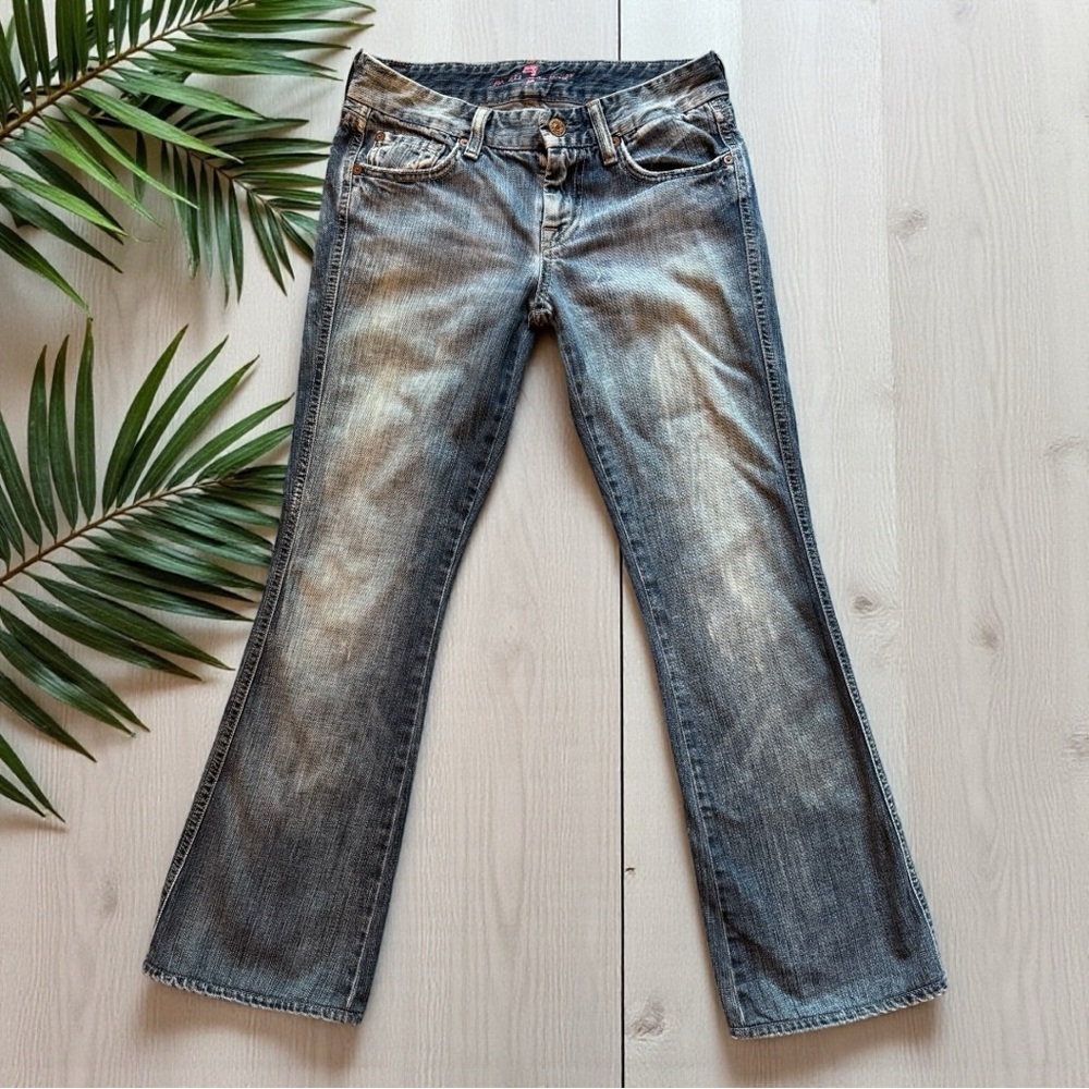 7 For All Mankind “A-Pocket” Bootcut Jeans – Distressed Y2K Vibe – Made in USA